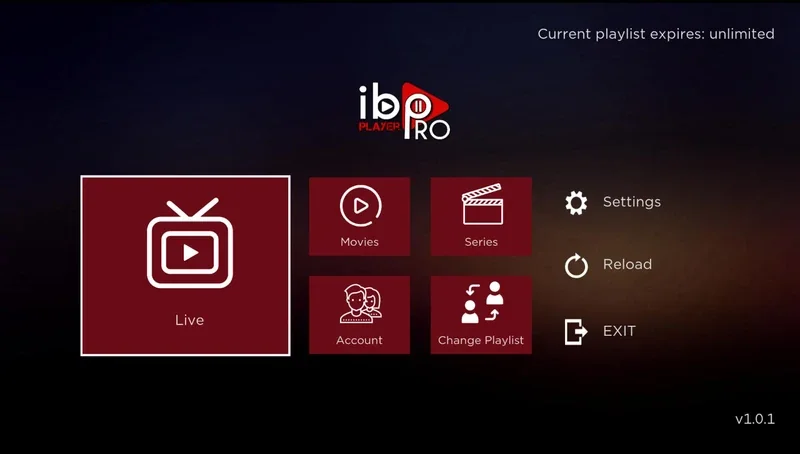 Écran d’accueil du lecteur IPTV avec télévision en direct, films et séries