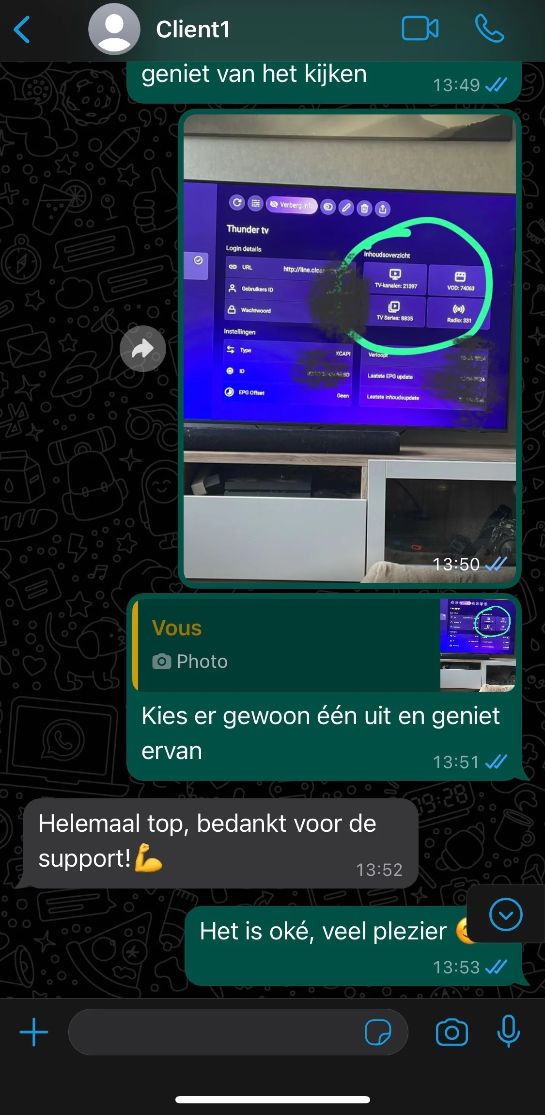WhatsApp-Bewertung eines zufriedenen IPTV-Kunden