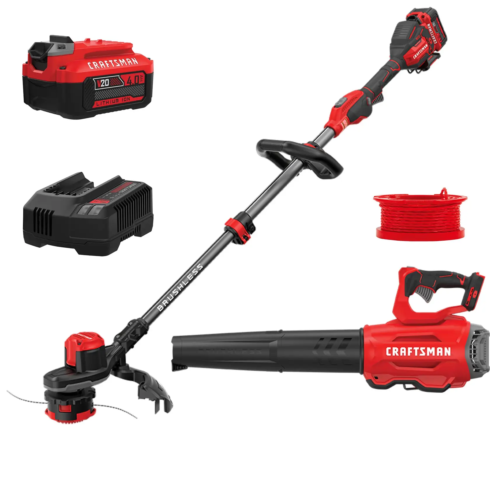 CMCK397M1_K1_1680.webp CRAFTSMAN V20 Brushless String Trimmer and Leaf Blower Combo Kit 4.0Ah Battery Charger Included - Image 1