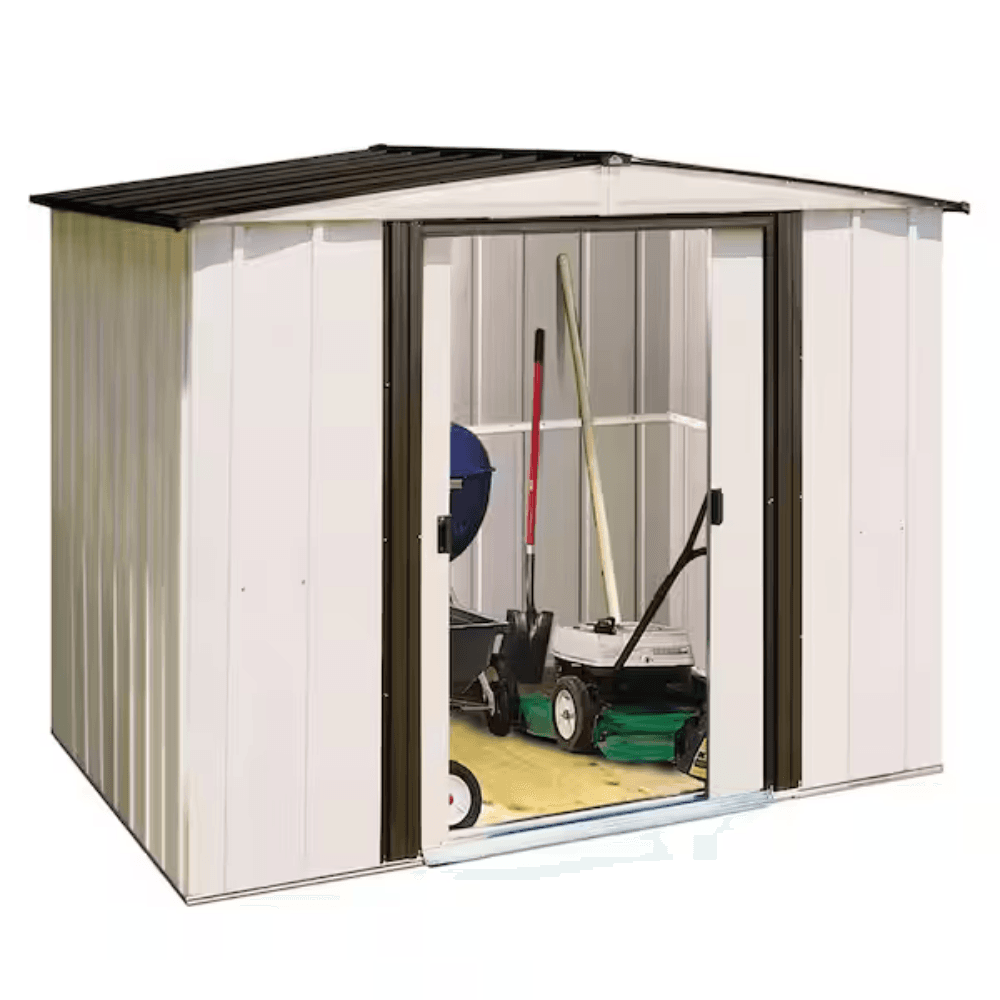 saybrokeeer-product-258-image-1.png Newport 8 ft. W x 6 ft. D 2-Tone Eggshell and Coffee Galvanized Metal Shed with Sliding Lockable Doors (43 sq. ft.) - Image 1