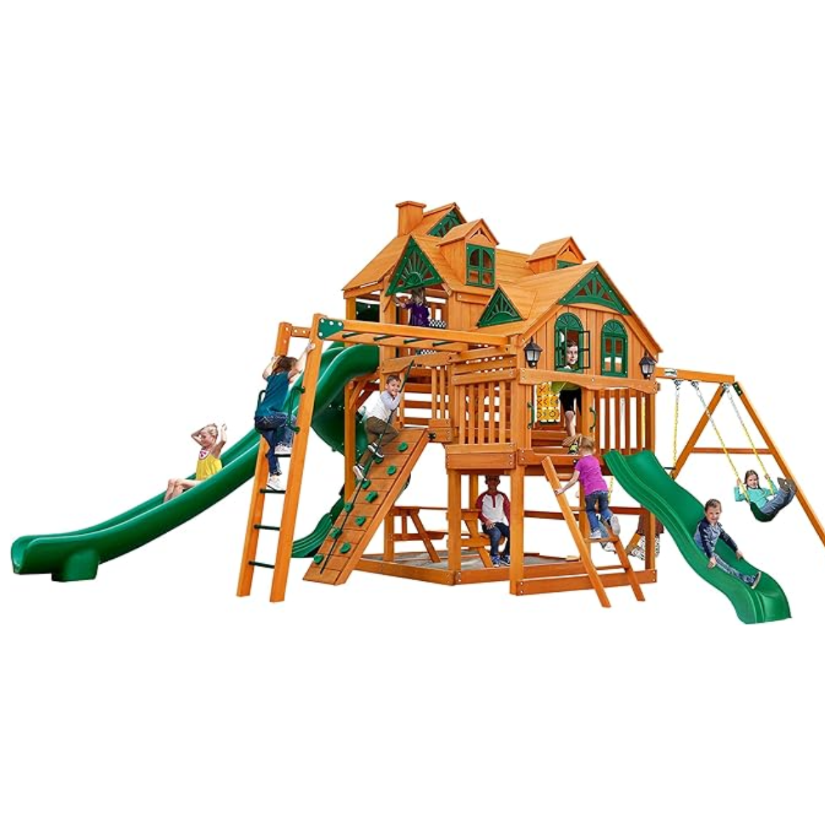 saybroker-product-56-image-1.png Gorilla Playsets Empire Extreme Wooden Swing Set with Monkey Bars, Clatter Bridge, Tower, and 3 Slides - Image 1